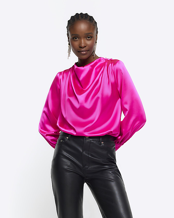 Pink satin cowl neck blouse | River Island