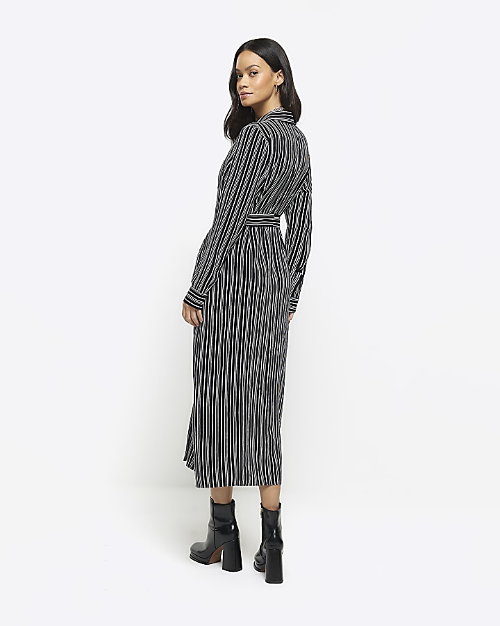 Black stripe belted midi shirt dress