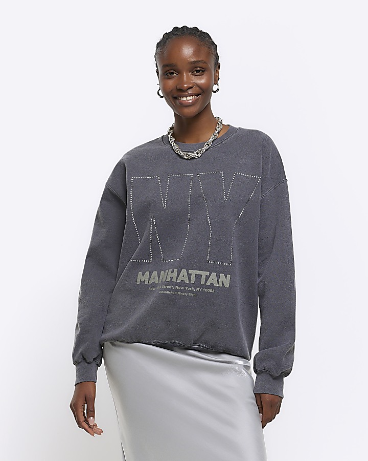 Grey graphic diamante sweatshirt