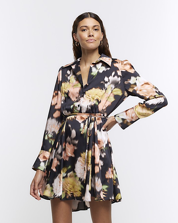 Black satin floral mini shirt dress | River Island