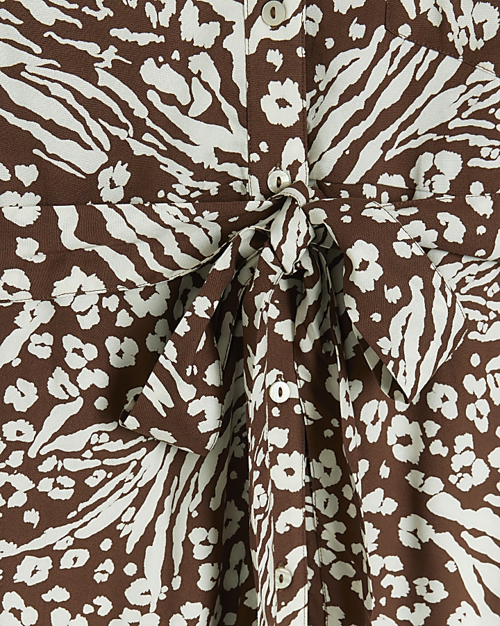 Brown floral belted midi shirt dress