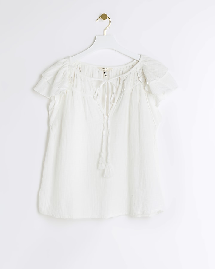 White textured frill sleeve tank top