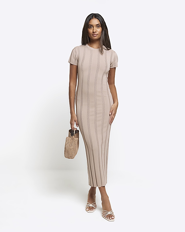 Beige knit ribbed bodycon midi dress