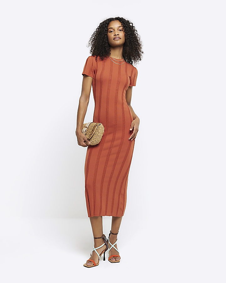 Rust knit ribbed bodycon midi dress