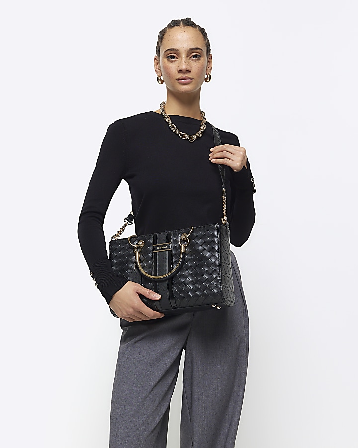 Black embossed weave tote bag | River Island