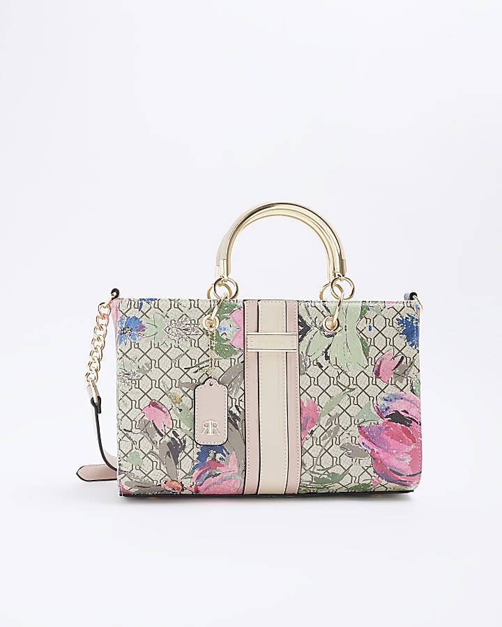 Beige floral tote bag