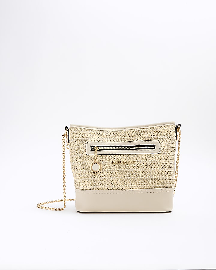 Cream raffia chain cross body bag