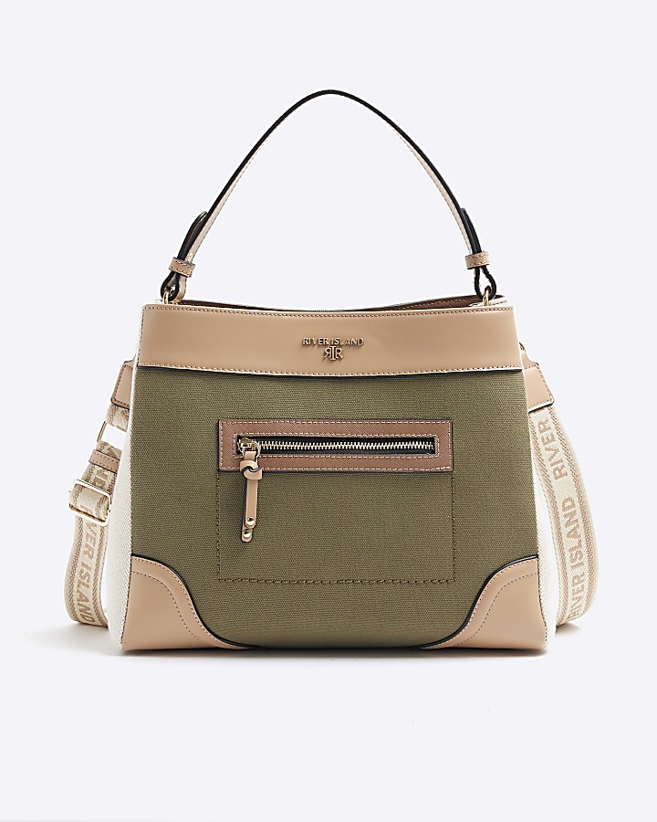 Khaki canvas zip pocket cross body bag