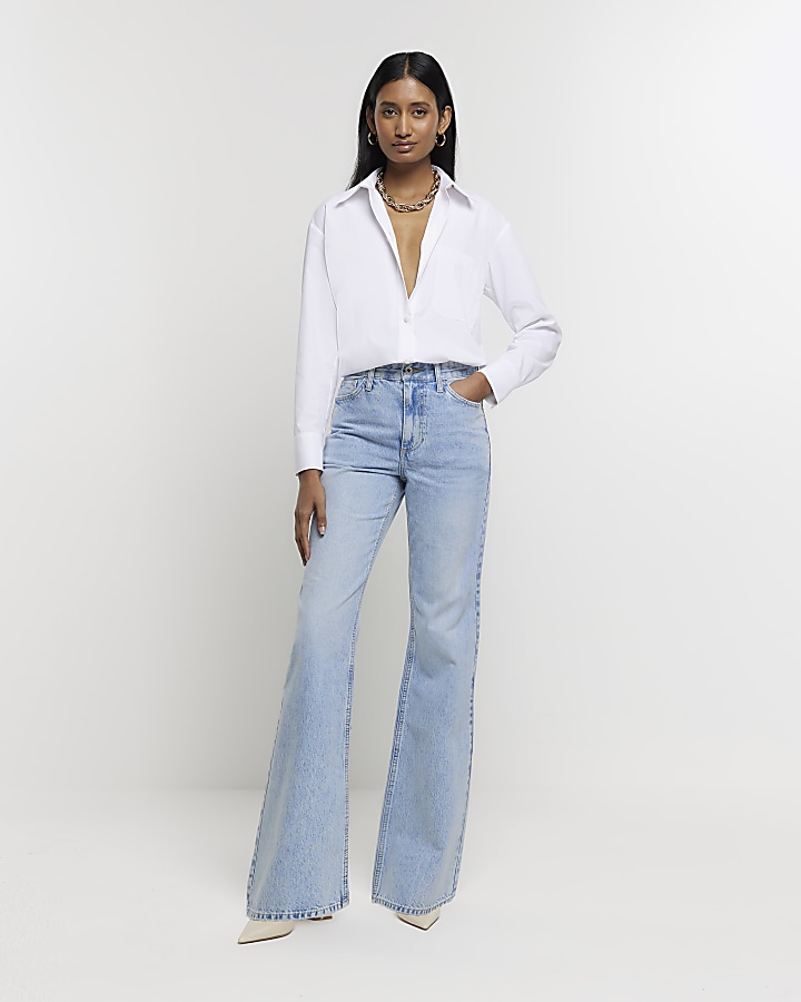 Blue high waisted relaxed straight leg jeans