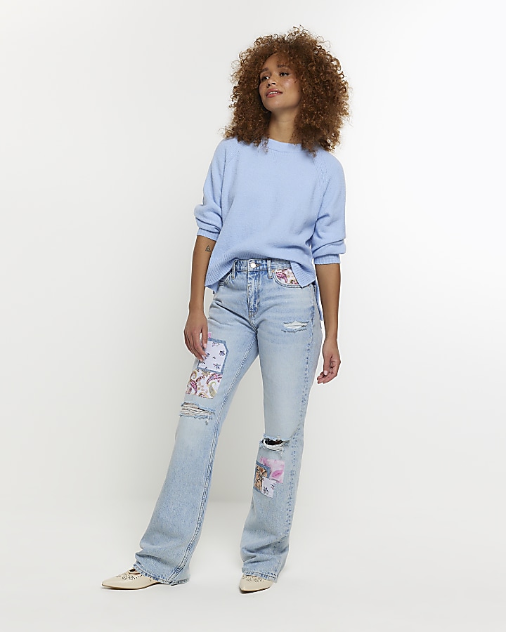 Blue patch stove pipe straight jeans