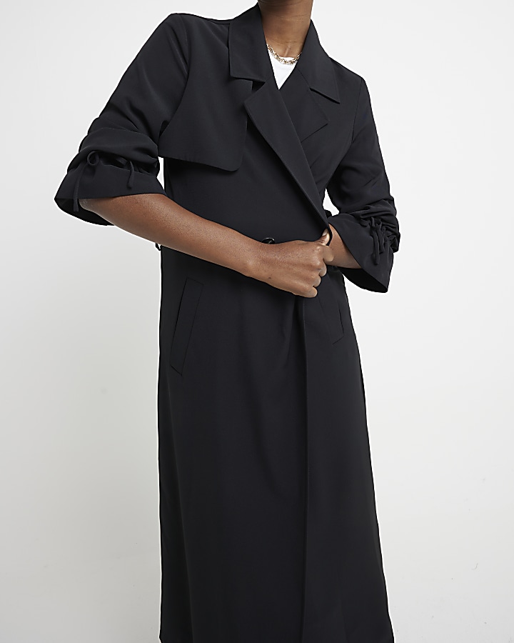 Black tie cuff belted duster coat