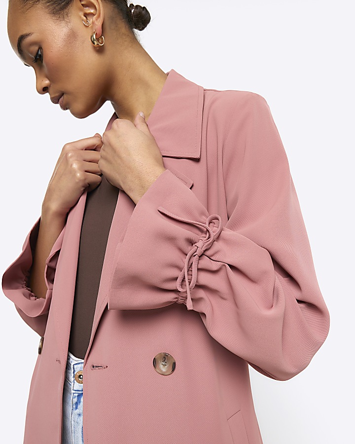 Pink tie cuff belted duster coat
