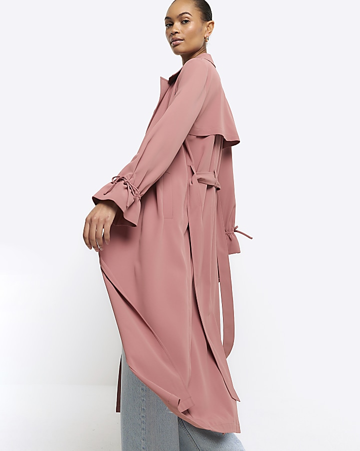 Pink tie cuff belted duster coat