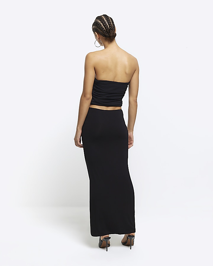 Black ruched drape maxi skirt