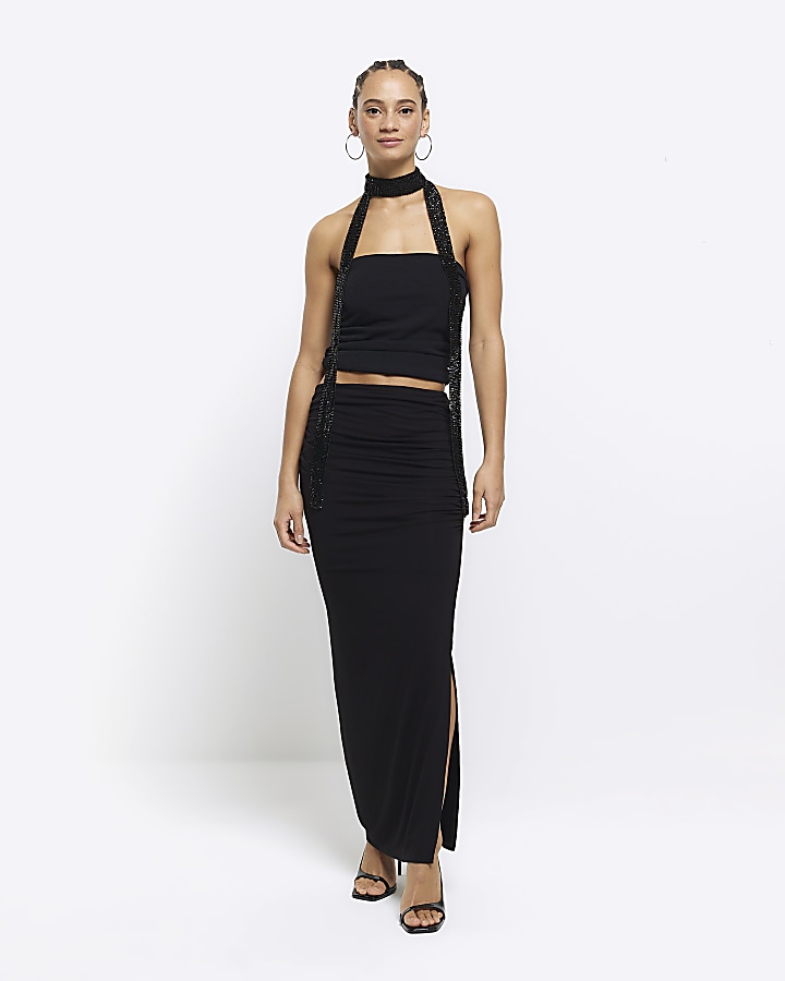 Black ruched drape maxi skirt