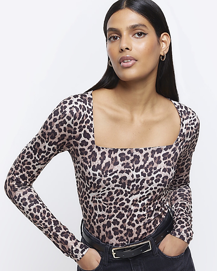 Brown leopard print long sleeve bodysuit