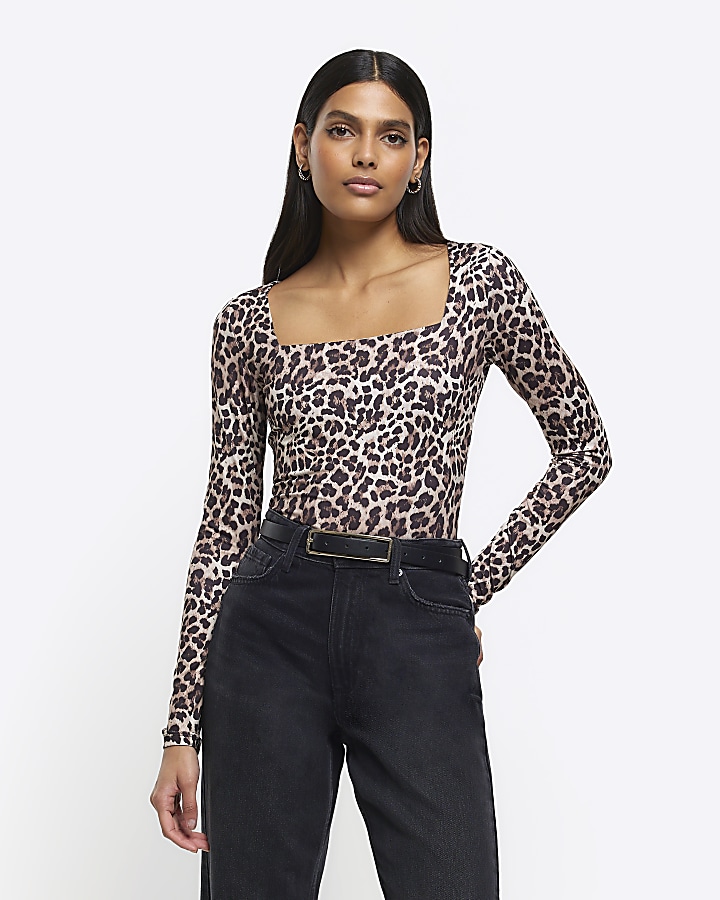 Brown leopard print long sleeve bodysuit