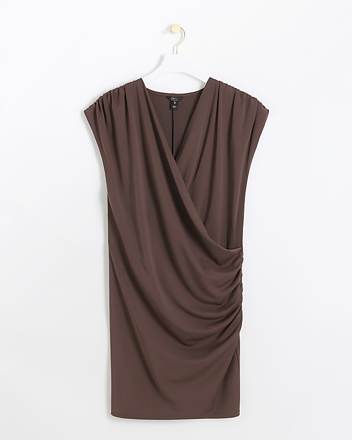Brown drape wrap bodycon mini dress