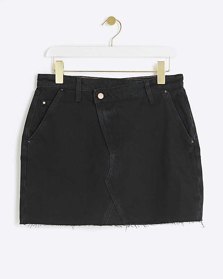 Black asymmetric waist denim mini skirt