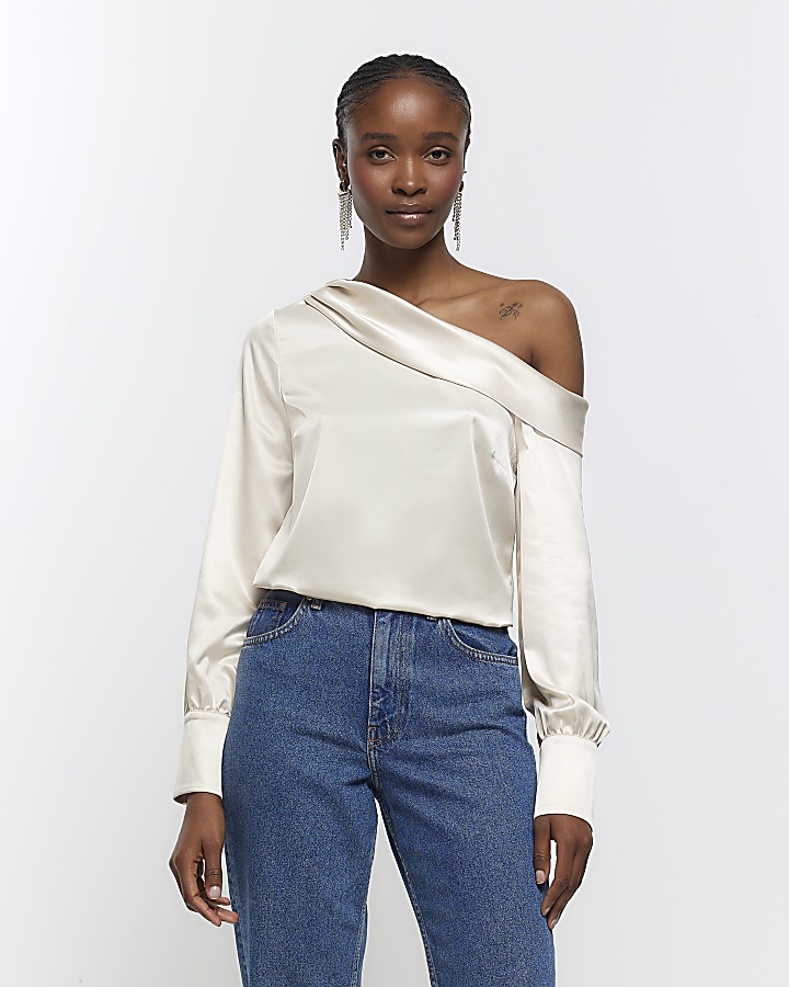 Beige satin off shoulder top | River Island