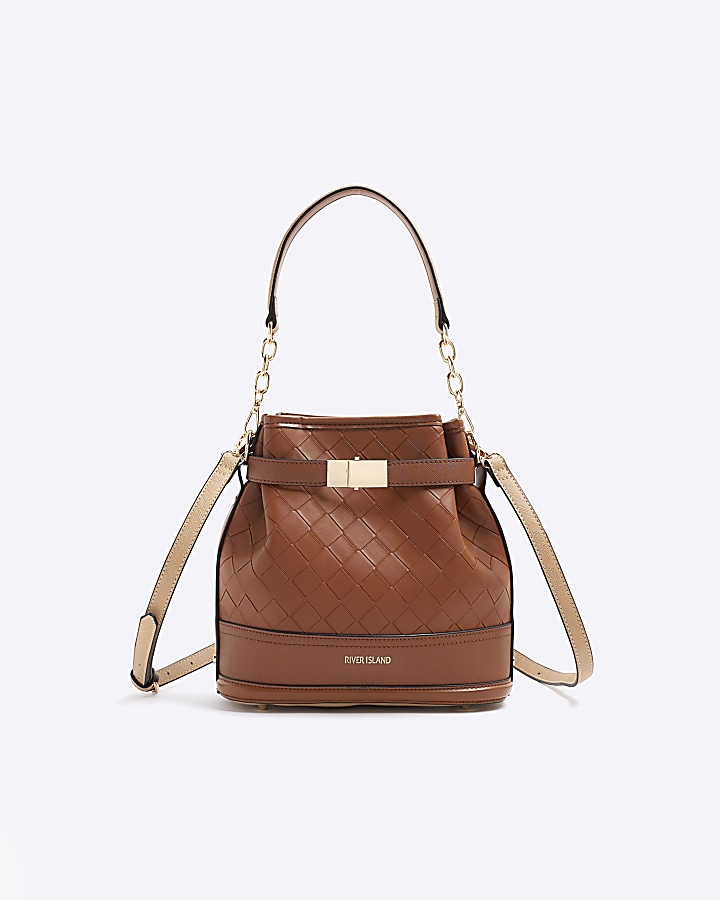 Brown weave bucket cross body bag