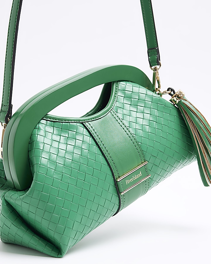 Green embossed weave clutch bag River Island