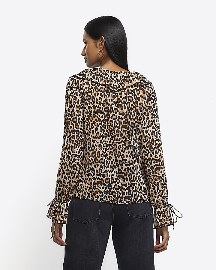 Beige chiffon leopard print frill blouse