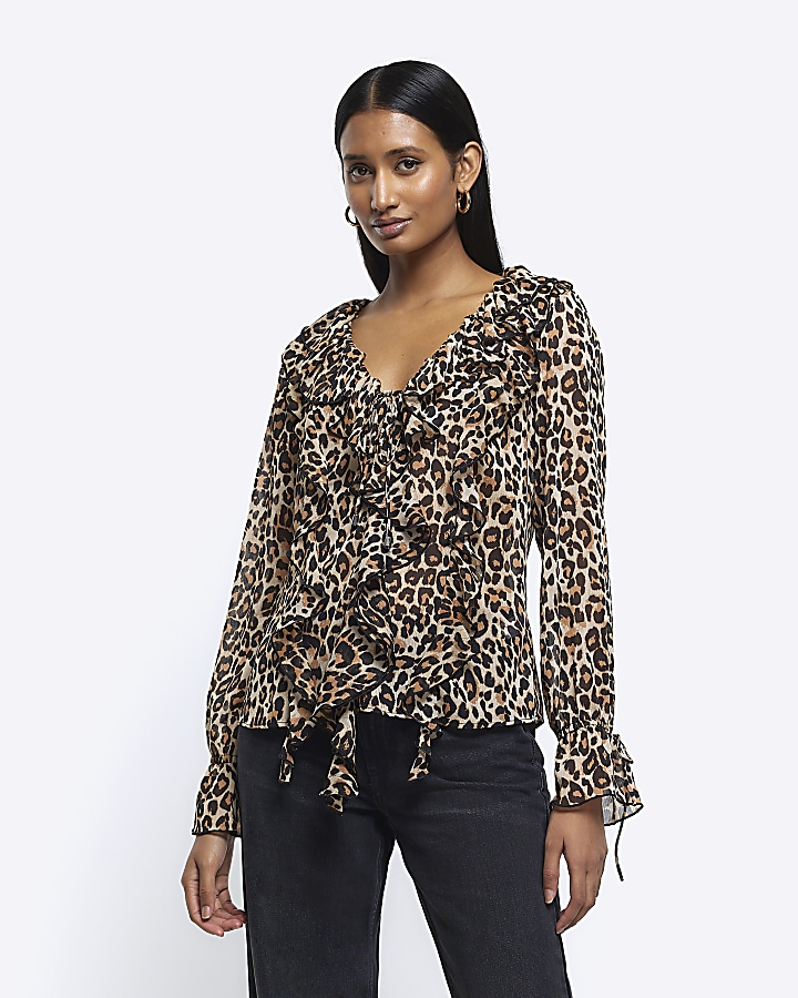 Beige chiffon leopard print frill blouse