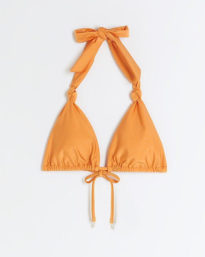 Orange knot triangle bikini top