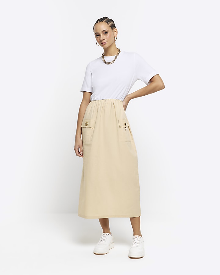 Beige utility hybrid t-shirt midi dress