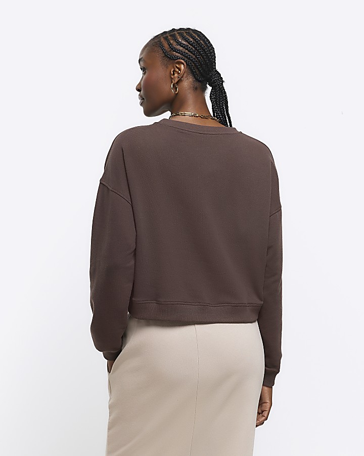 Brown crop plain sweatshirt
