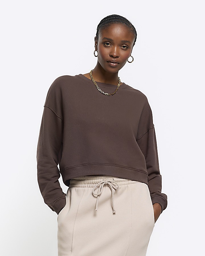 Brown crop plain sweatshirt River Island