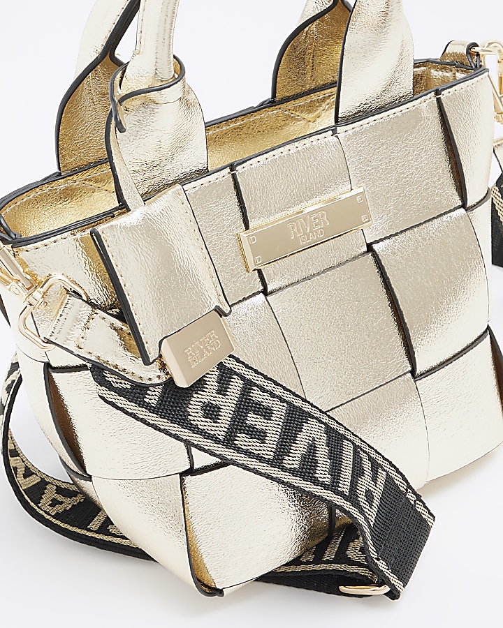 Gold chunky weave small tote bag River Island