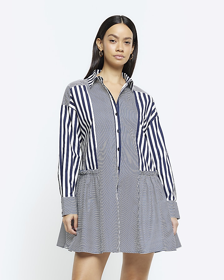 Blue stripe long sleeve mini shirt dress