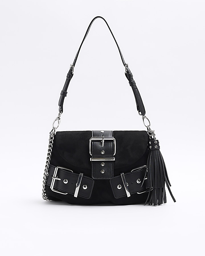 Black suedette buckle shoulder bag