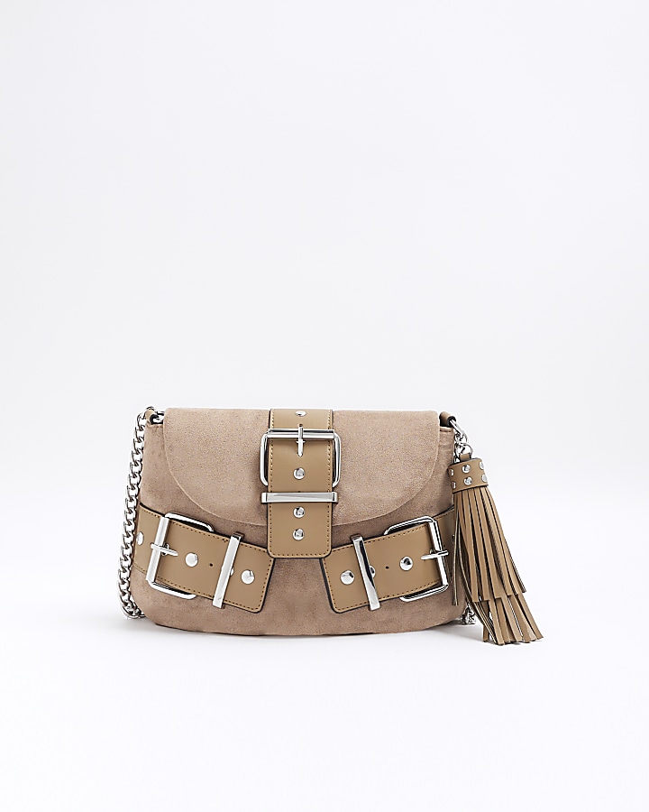 Beige suedette buckle shoulder bag | River Island