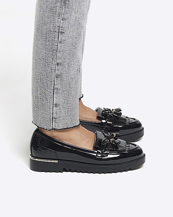 Black bow tassel loafers River Island