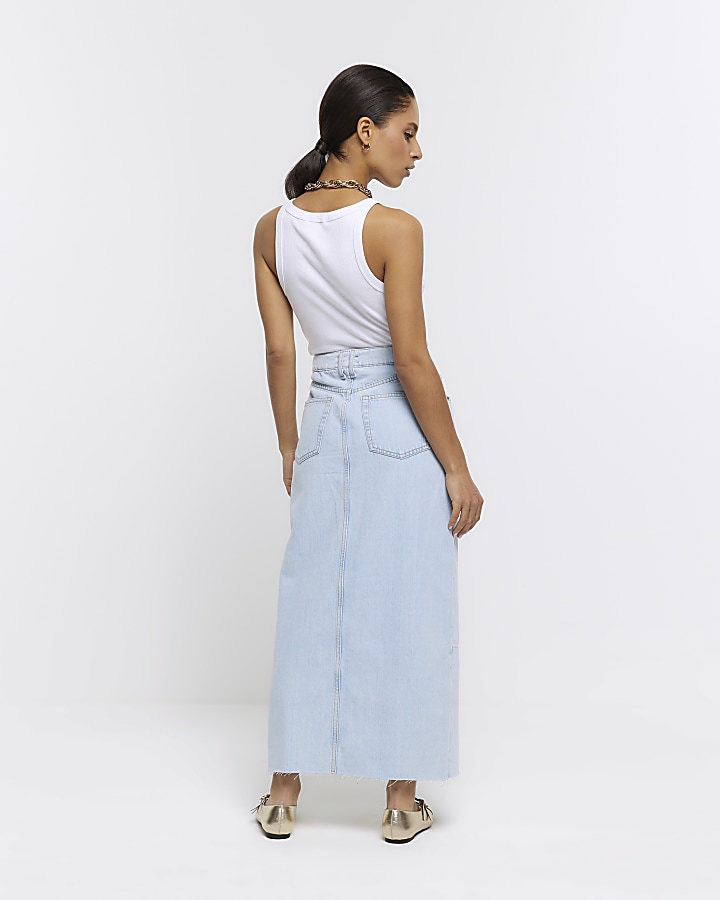 Petite blue seamed denim maxi skirt | River Island