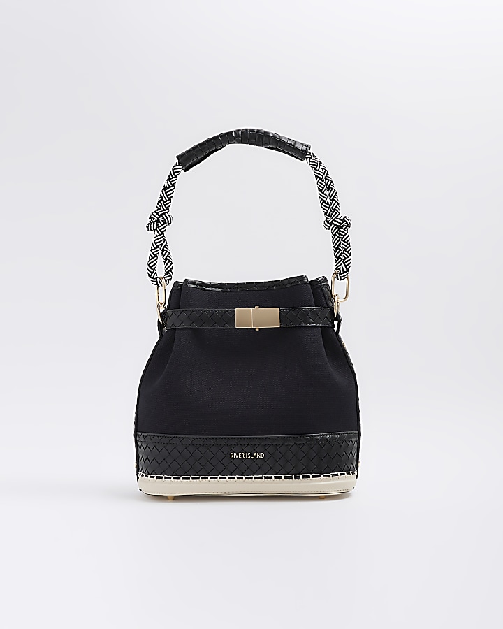 Black canvas bucket shoulder bag River Island