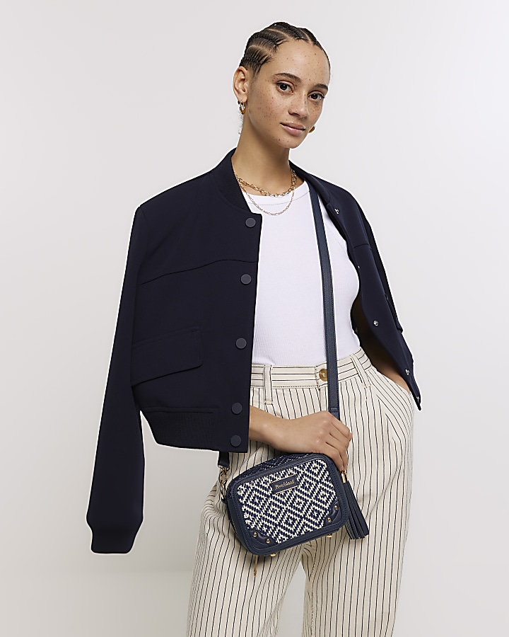 Navy Geometric Woven Cross Body Bag