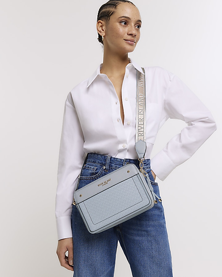 Blue weave boxy cross body bag