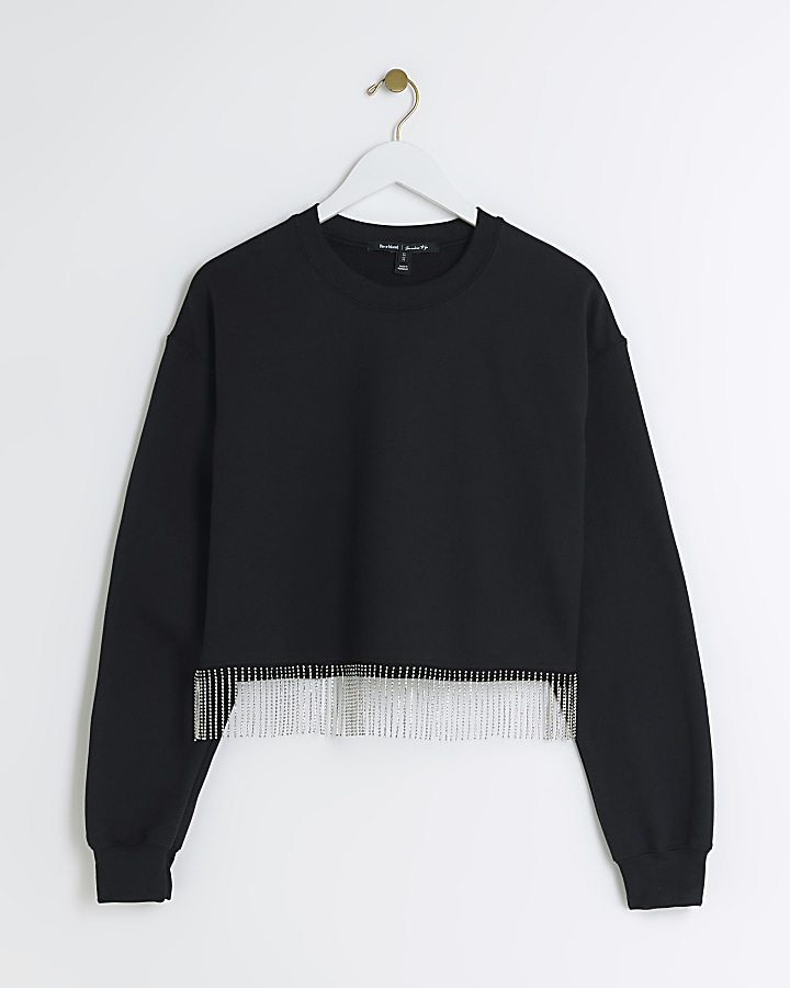 Black diamante trim crop sweatshirt