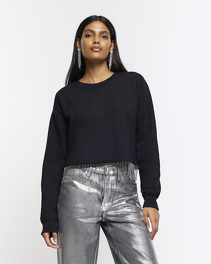 Black diamante trim crop sweatshirt