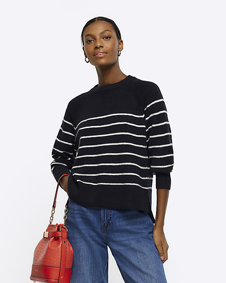 Navy knit stripe oversized jumper River Island