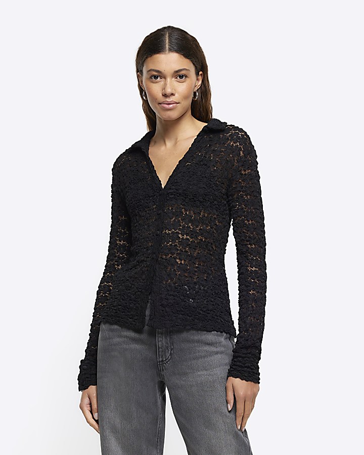 Black lace long sleeve shirt River Island