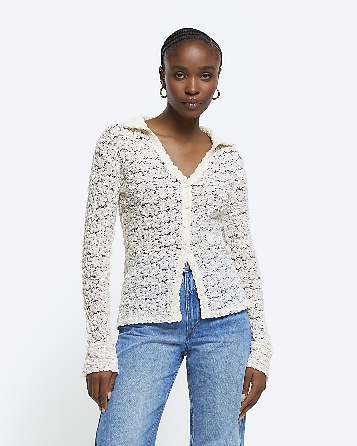 Cream lace long sleeve shirt | River Island