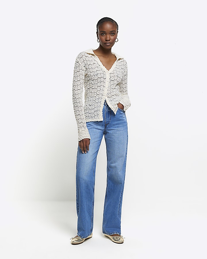 Cream lace long sleeve shirt River Island