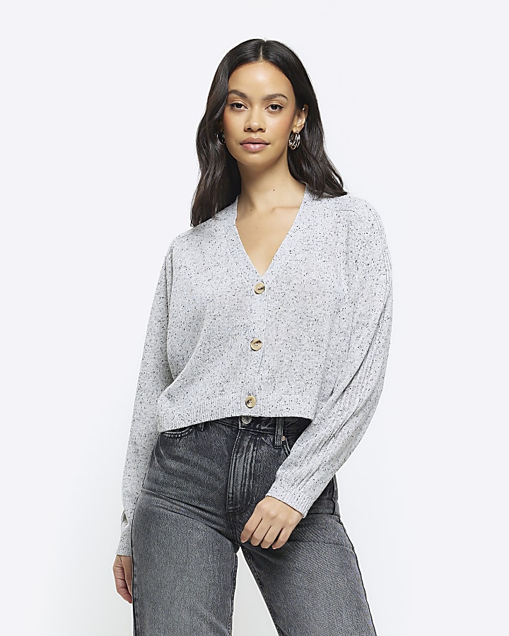 Petite Grey Knit Square Neck Button Crop Cardigan