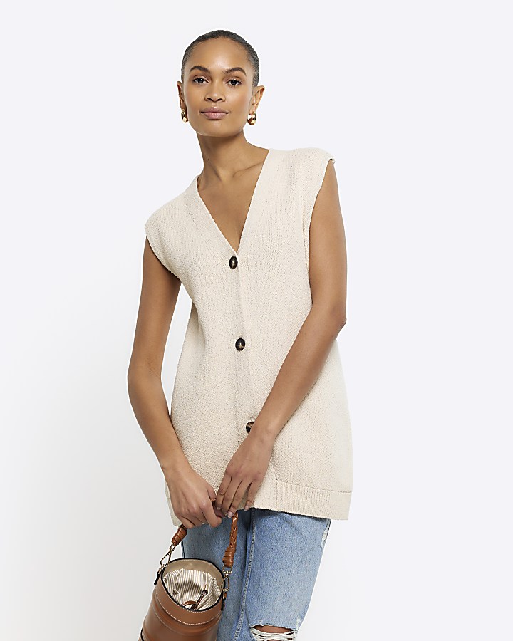 Cream knit longline waistcoat