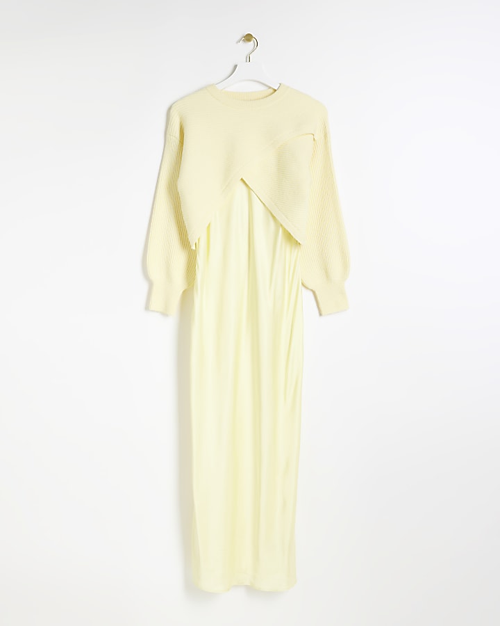 Yellow satin hybrid slip midi dress
